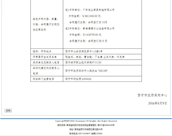 西宁城市职业技术学院办公家具项目中标公告